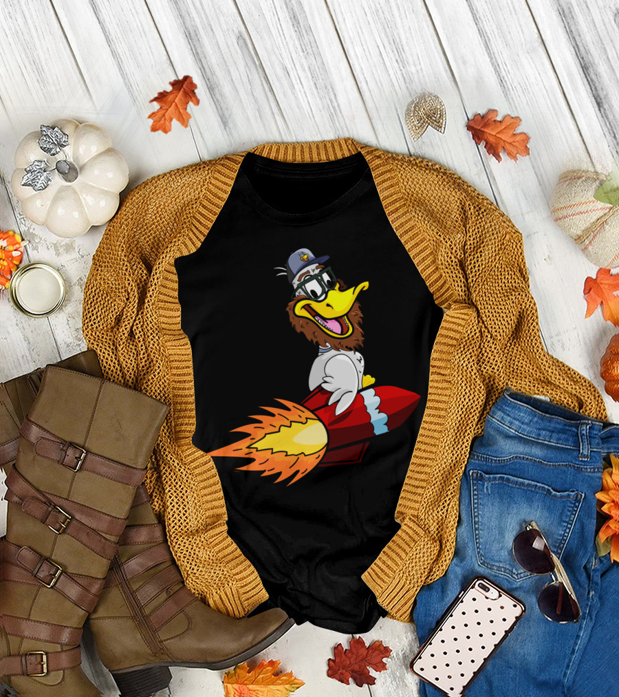 Goosie Express Rocket Rider Cartoon Duck with Glasses and Hat T-Shirt