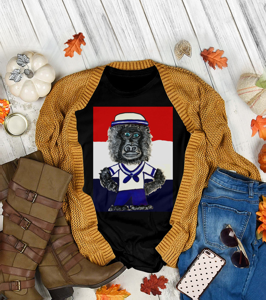 Gorilla Wearing Nautical Sailor Uniform Against Red White Blue Background T-Shirt