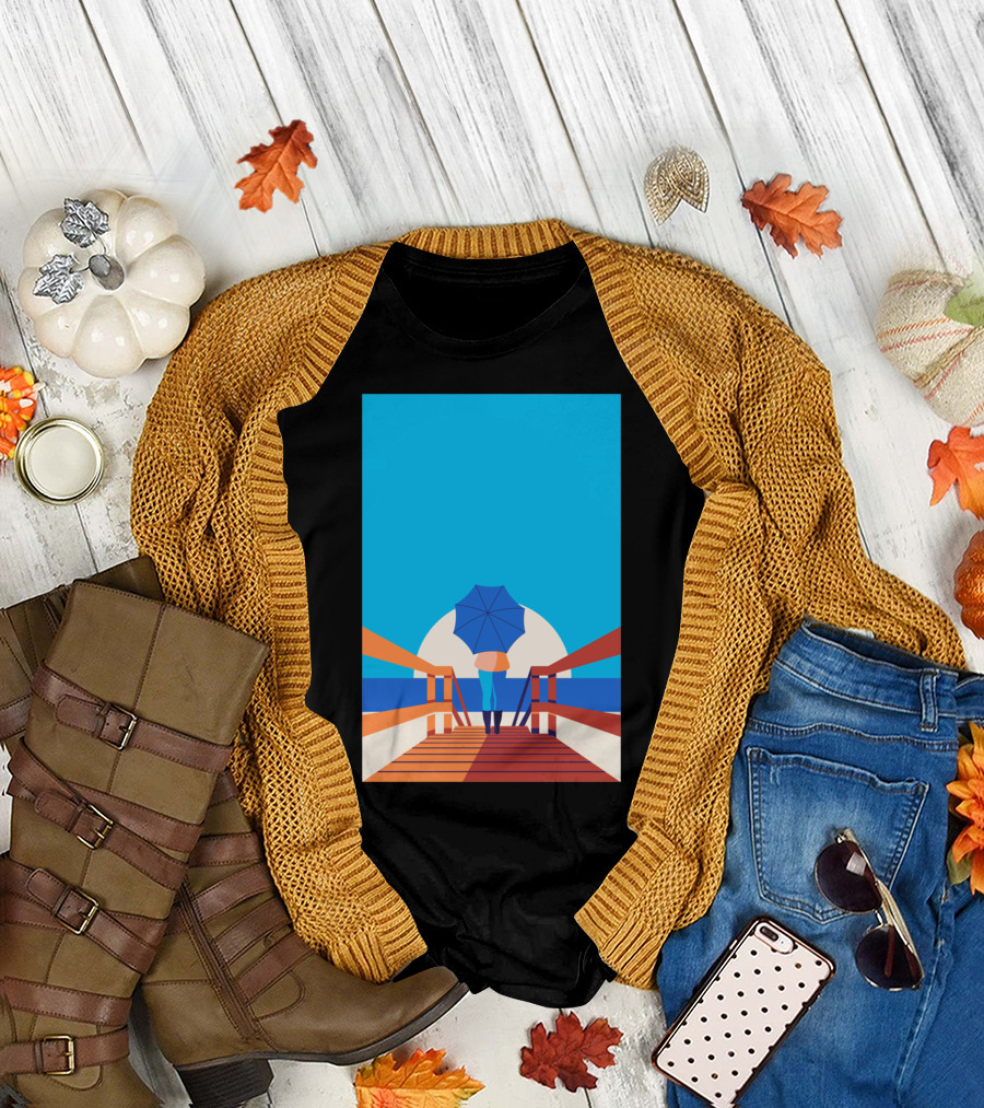 Ease Into Autumn with Blue Umbrella on Wooden Walkway T-Shirt