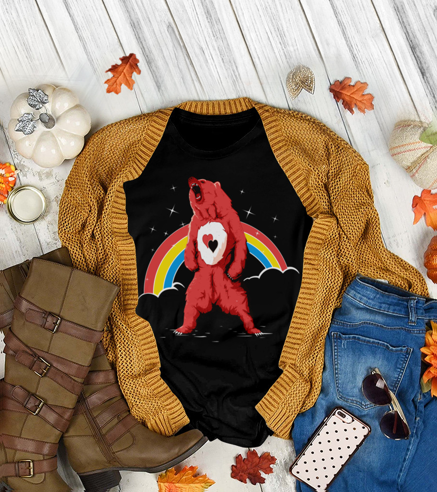 Red Bear with Heart and Rainbow Elements T-Shirt