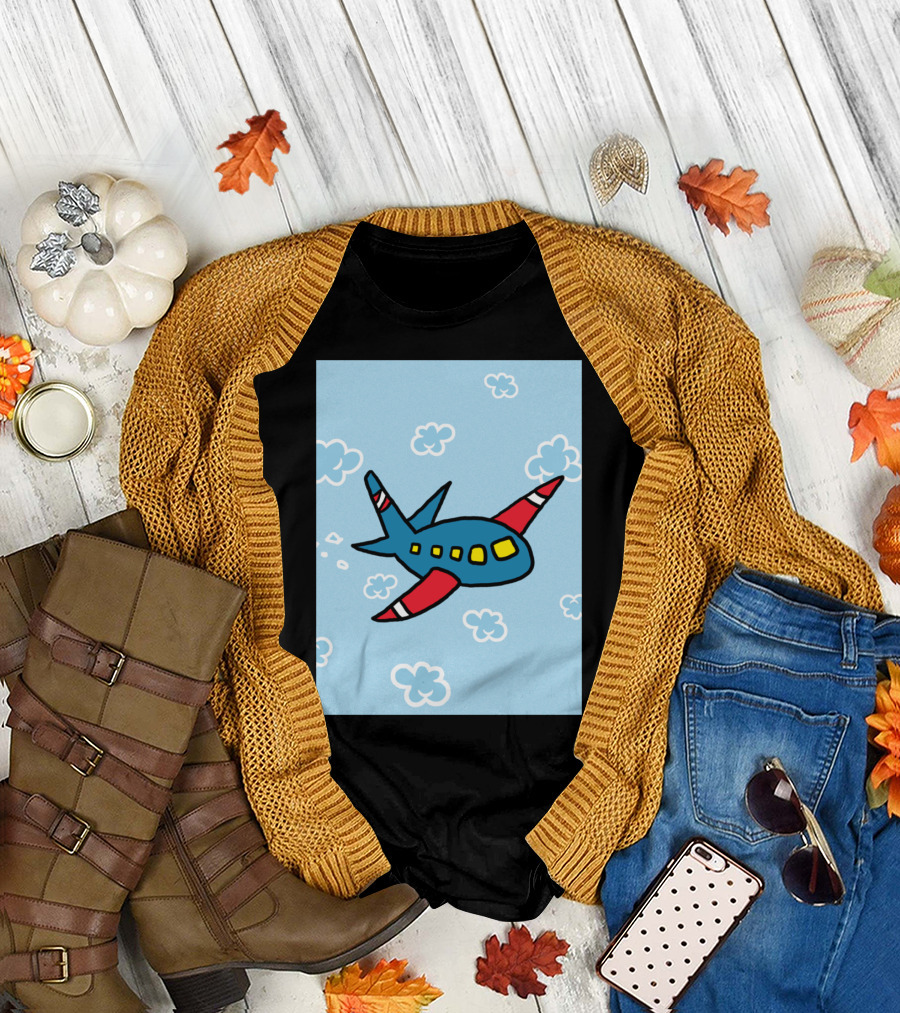 Airplane Cartoon with Clouds and Blue Sky Background T-Shirt