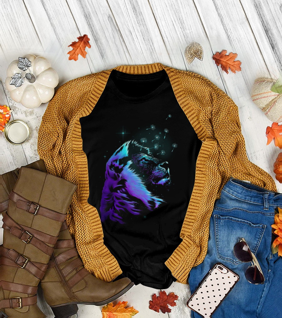 Dande Lion Cosmic Starburst Lion with Dandelions and Stars T-Shirt
