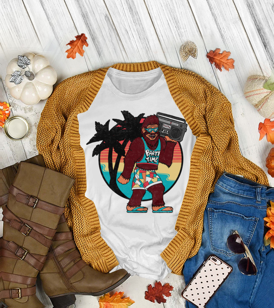 Party Time Bigfoot with Boombox and Palm Trees T-Shirt