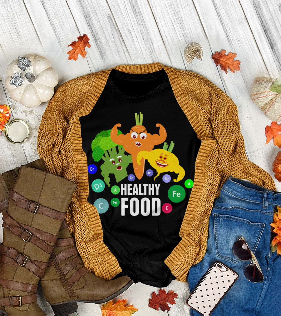 Healthy Food Vitamins B1 B9 D3 C Fe Zn E T-Shirt