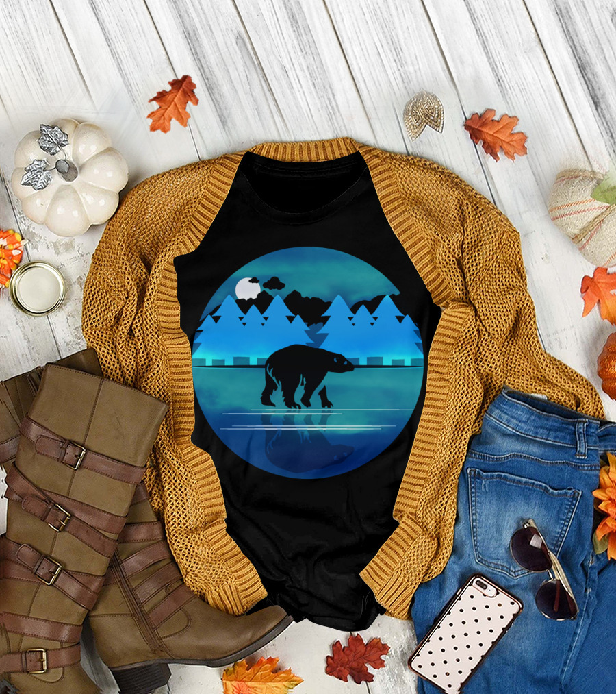 Alaska By Night Bear Reflection in Moonlit Forest Landscape T-Shirt
