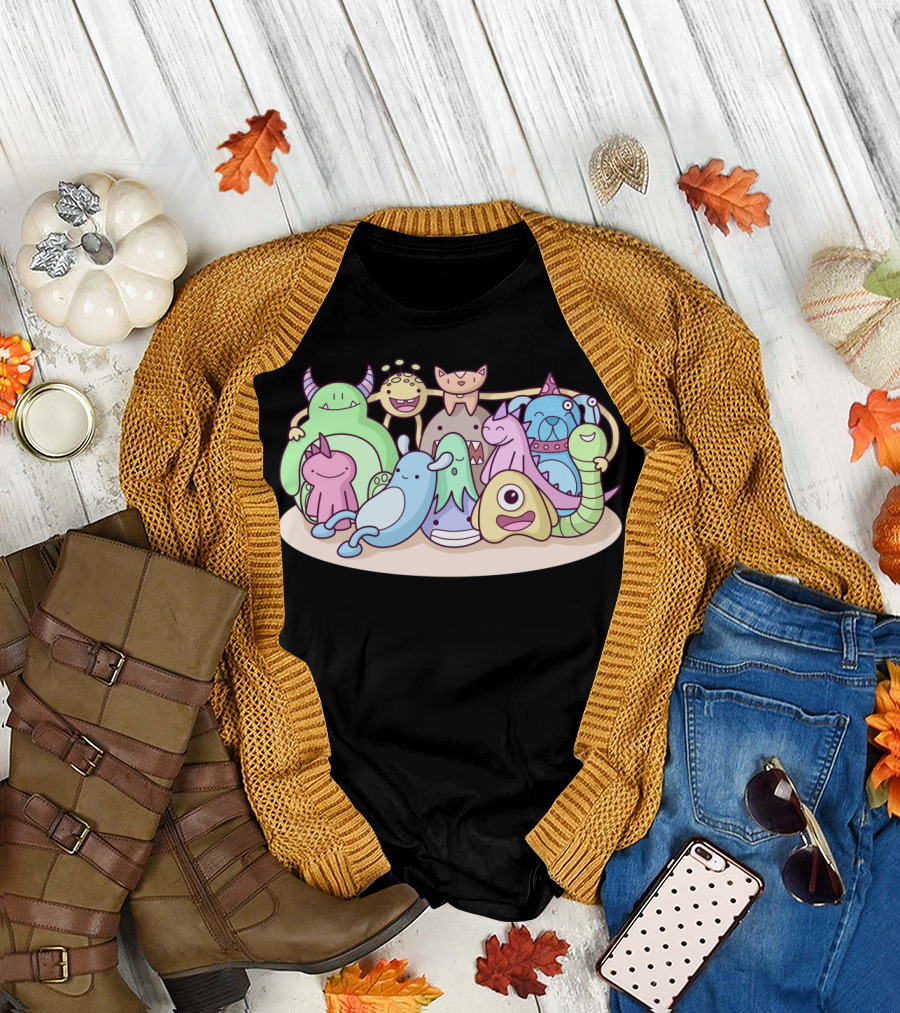 Monster Family Photo Cute Cartoon Creatures Reunion T-Shirt