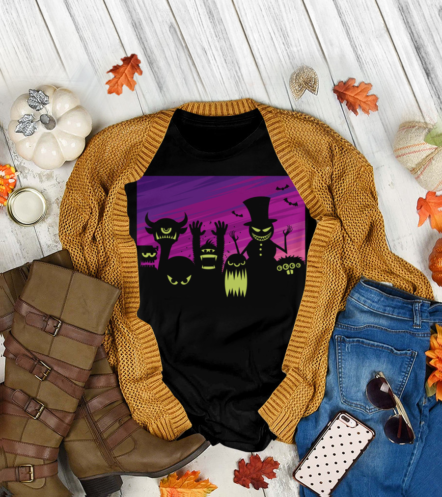 Monsters Background Silhouette Scene with Top Hat Figure and Bats T-Shirt