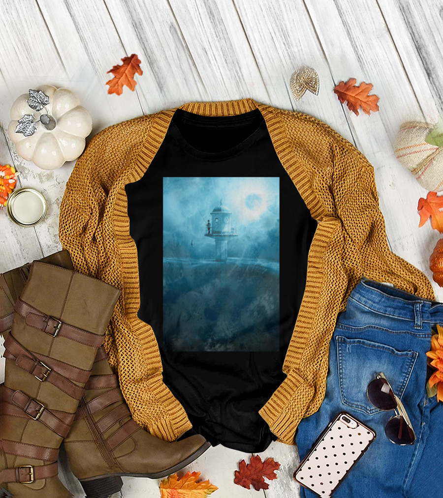 Fish Rising BL Lighthouse Fisherman in Dreamy Blue Landscape T-Shirt