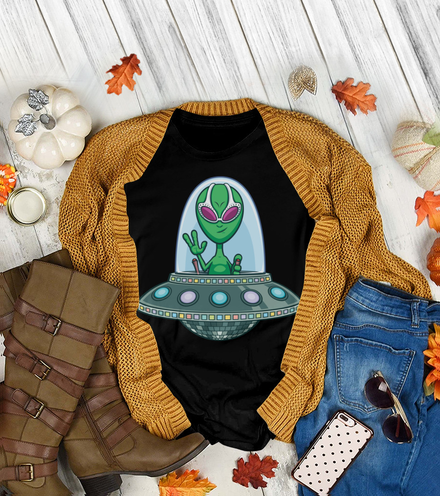 Alien Peace Sign Disco Spaceship T-Shirt