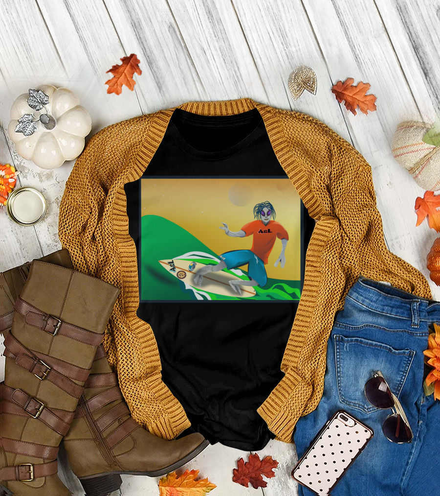 A&L Alien Surfer on Cosmic Waves with Vibrant Sunset T-Shirt