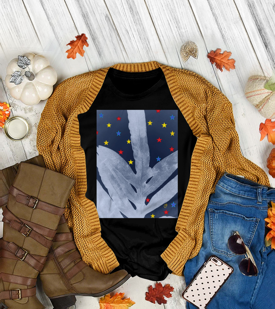 Green Fern Silver Blue Starry Night with Red Yellow Blue Stars T-Shirt