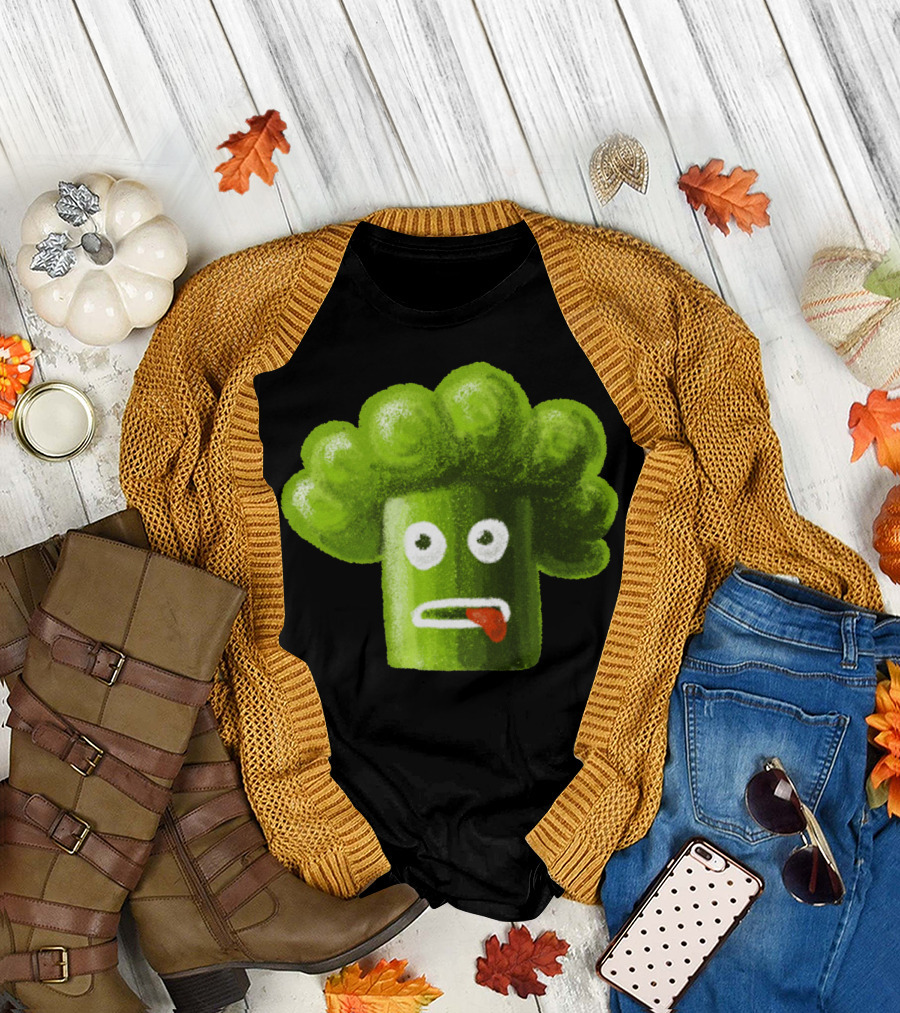 Green Silly Broccoli Head with Funny Face T-Shirt