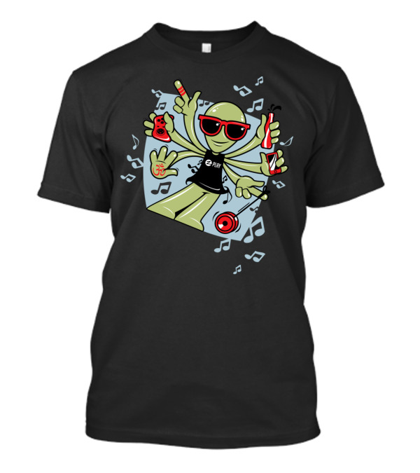 ALIEN WAVE Evolution Of Rave Party Vibes Multitasking Alien With Gadgets And Music Symbols T-Shirt
