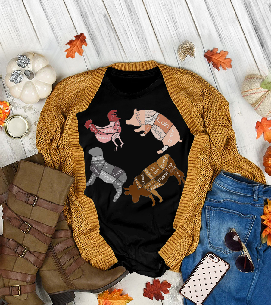 Butcher Cuts Diagram Round Chicken Pig Cow Lamb T-Shirt