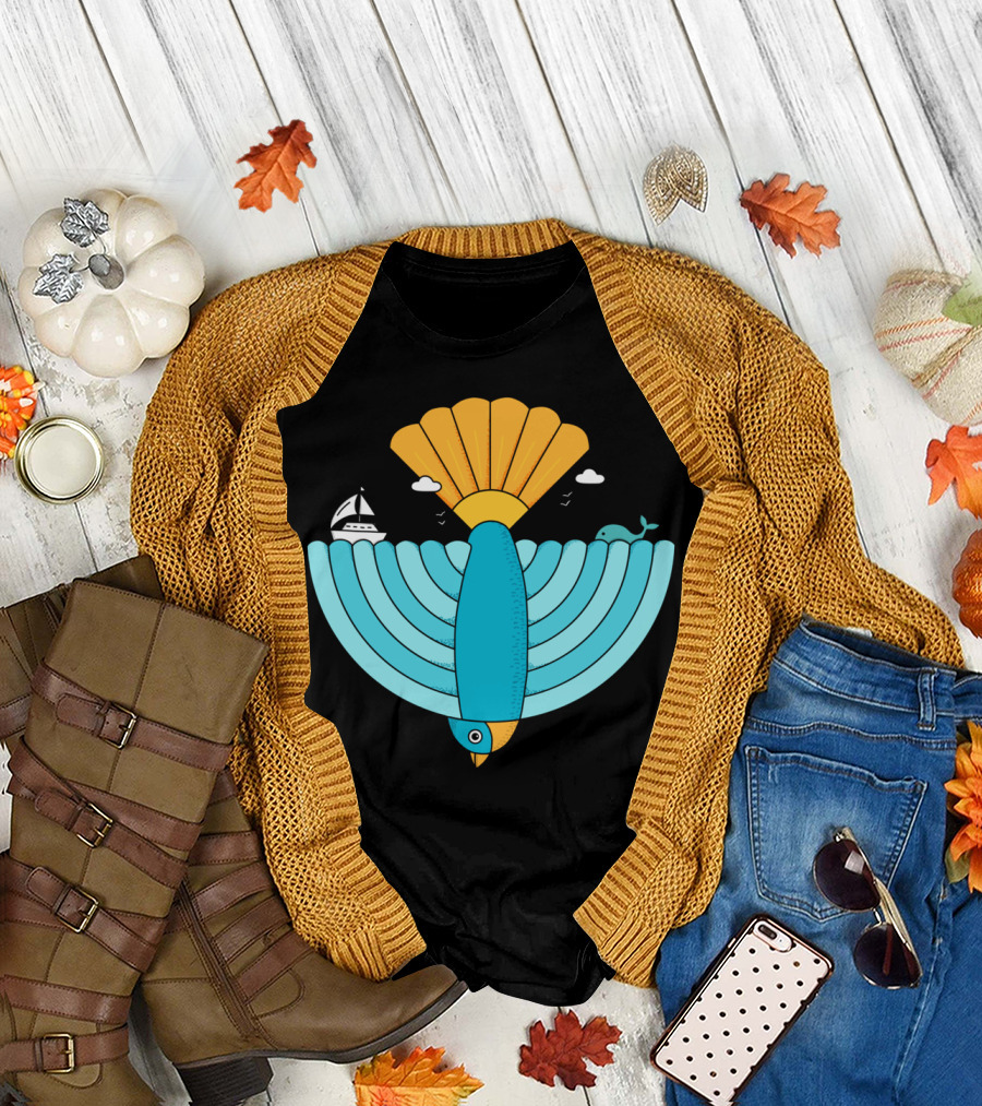 Bird Above Ocean with Sailboat and Whale T-Shirt