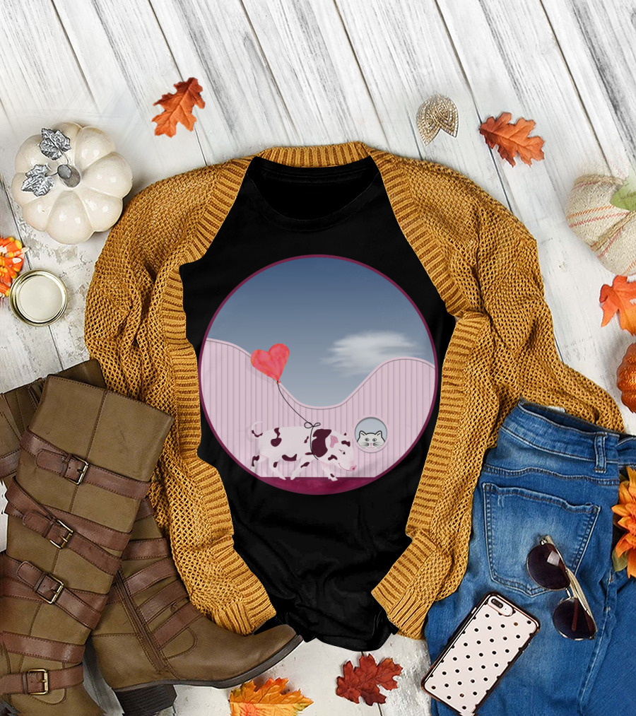 Baby Pig Love Balloon and Curious Cat in Pastel Landscape T-Shirt