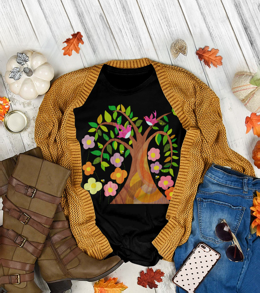 Birds and Bees in Vibrant Flowering Trees T-Shirt