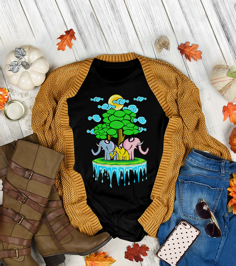 EL FAMILY Colorful Cartoon Elephants in Ice Floating Forest T-Shirt