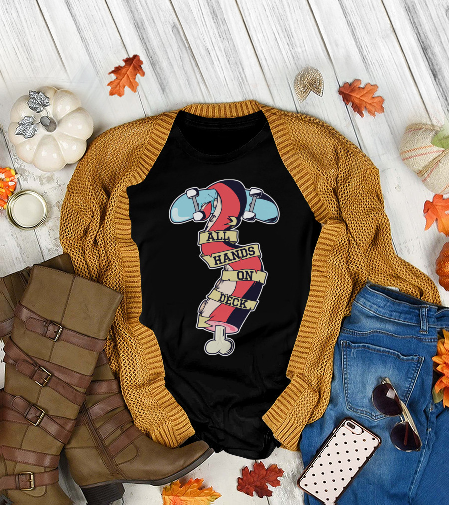 All Hands On Deck Skateboard Skeleton Banner T-Shirt
