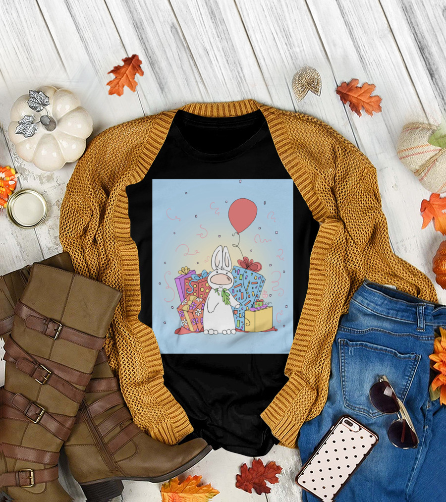 Birthday Bunny Celebration with Gifts and Balloon T-Shirt