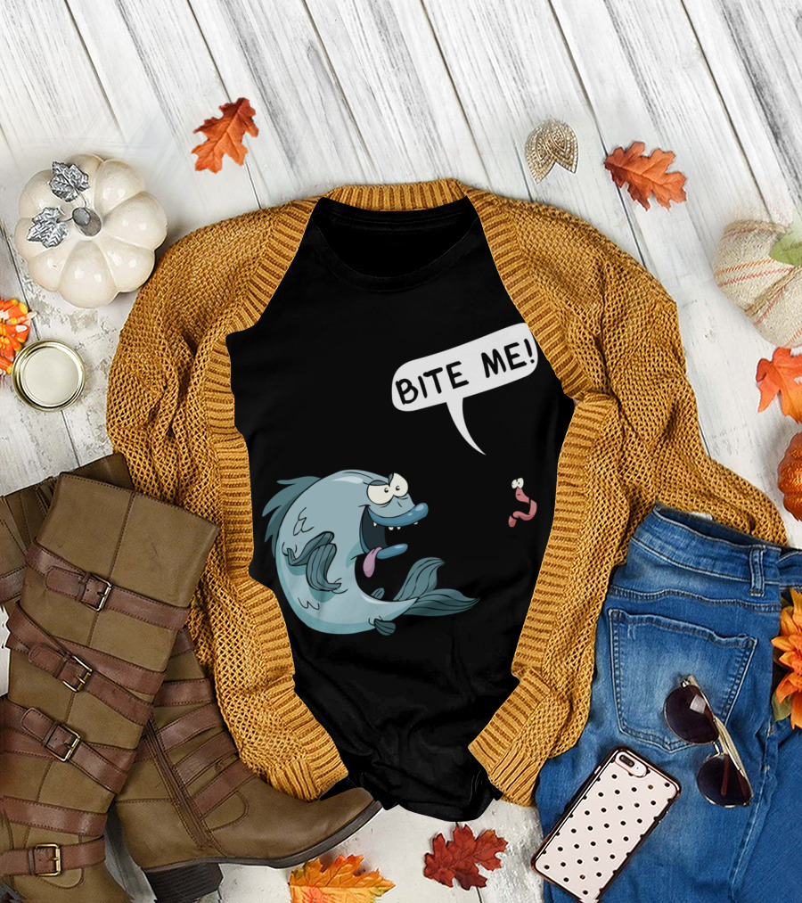 Bite Me Funny Fishing Worm and Fish Encounter T-Shirt