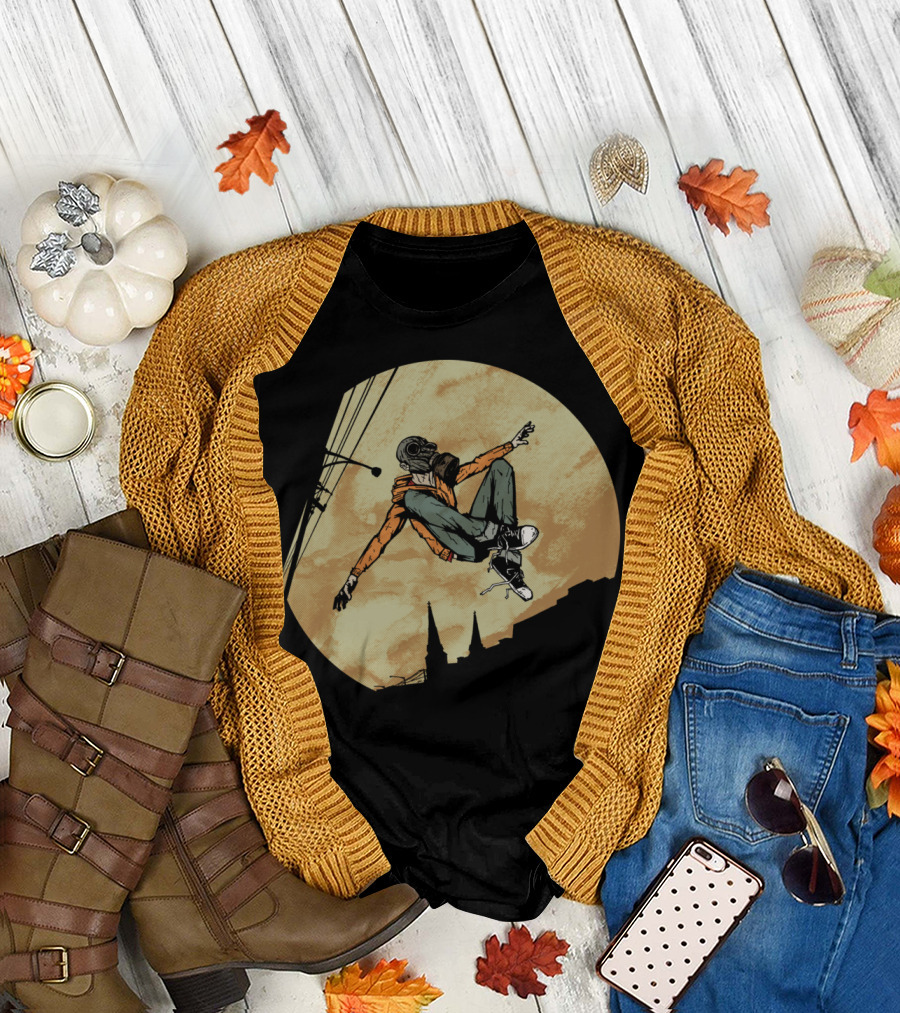 Leaping Leroy Gas Mask Jumping Over City Skyline at Night T-Shirt