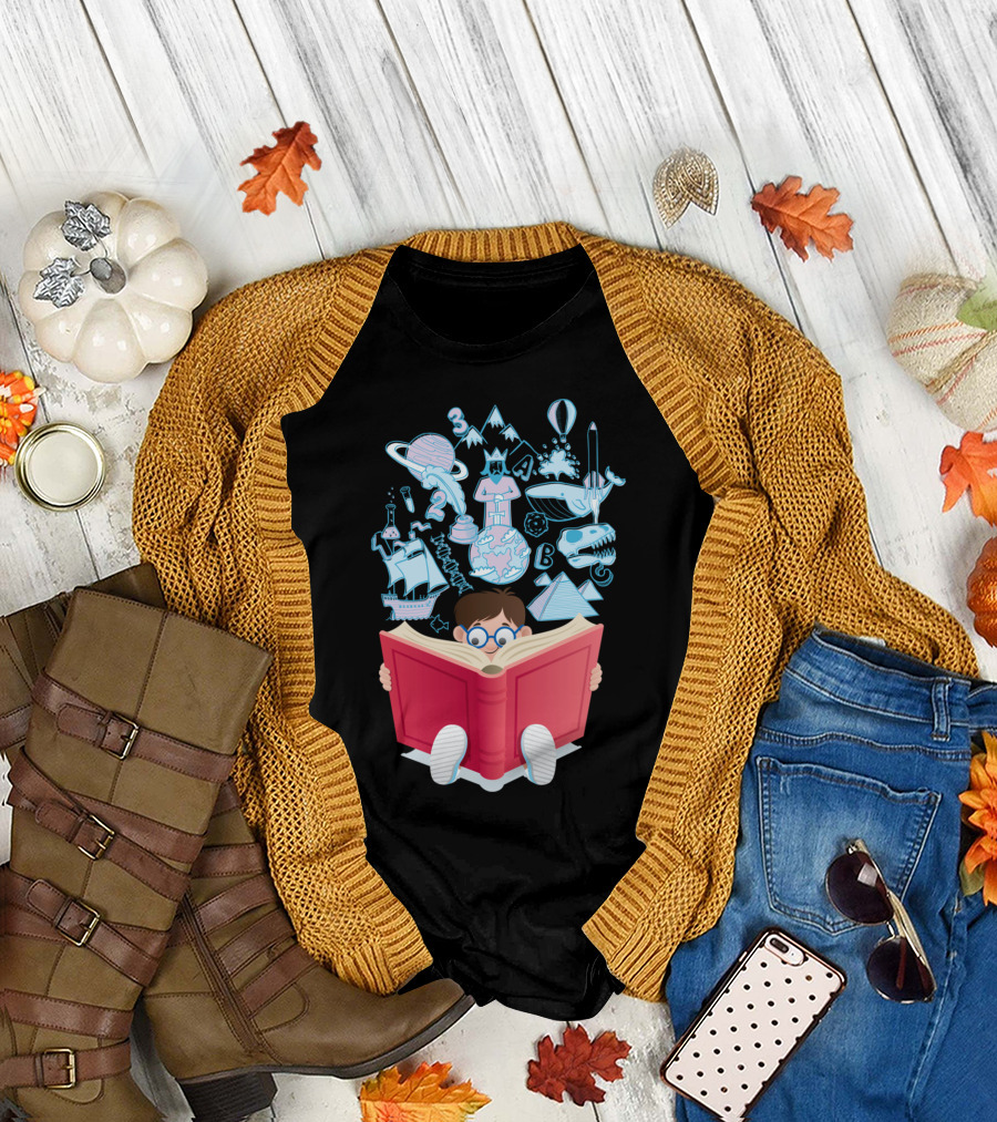 Curious Child Exploring Space Dinosaurs and Adventures in Books T-Shirt