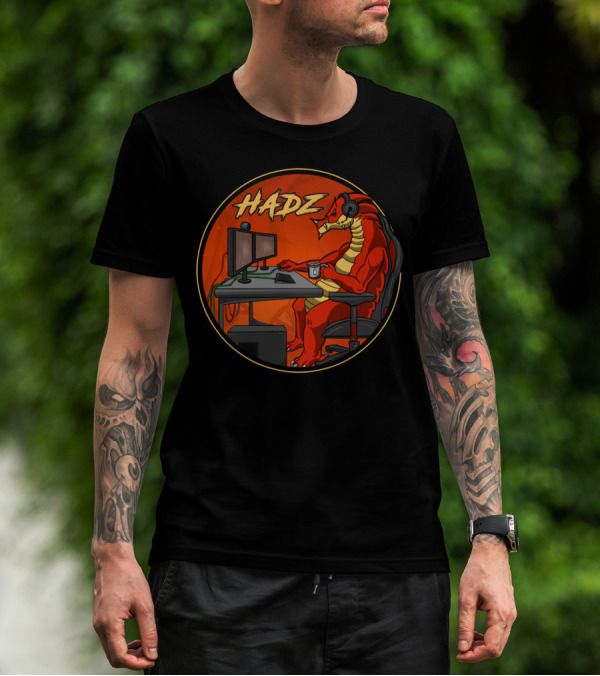 Hadz Gaming Dragon At Computer Desk With Headphones And Coffee T-Shirt