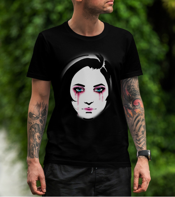 60s Child Gothic Glamour Black And White Bold Portrait With Pink Tears T-Shirt