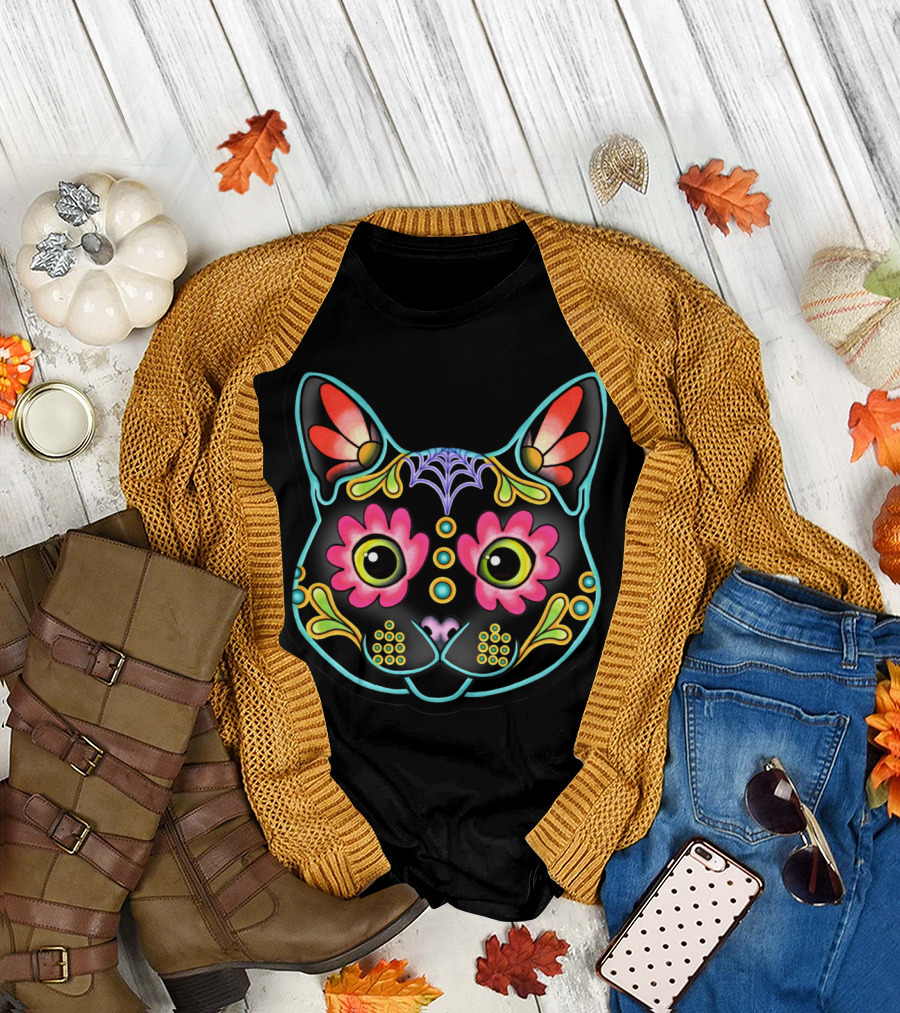Black Cat Day Of The Dead Sugar Skull Flowers Web T-Shirt