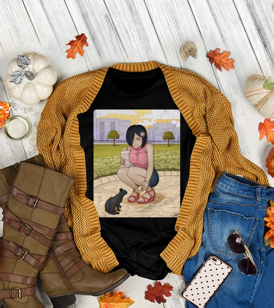 Lia Lourist Feeding Black Cat in Park Scene T-Shirt