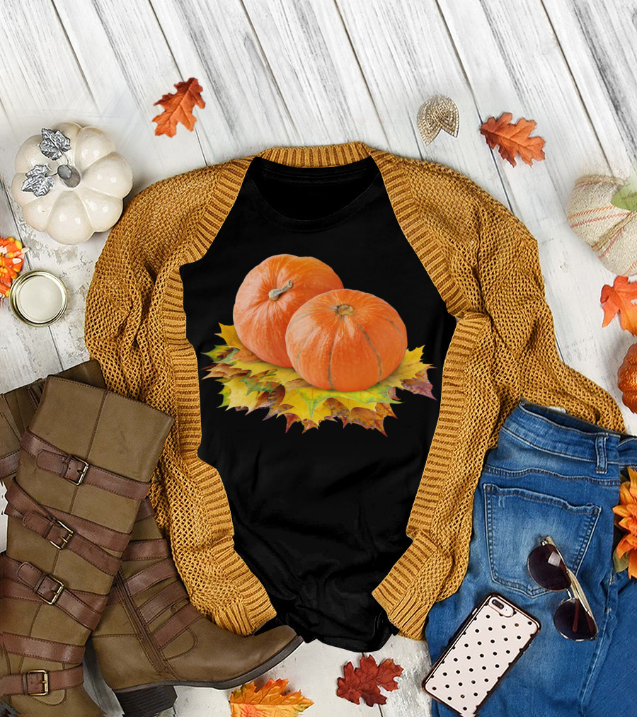 Pumpkins Over Autumn Leaves Sti Fall Harvest T-Shirt
