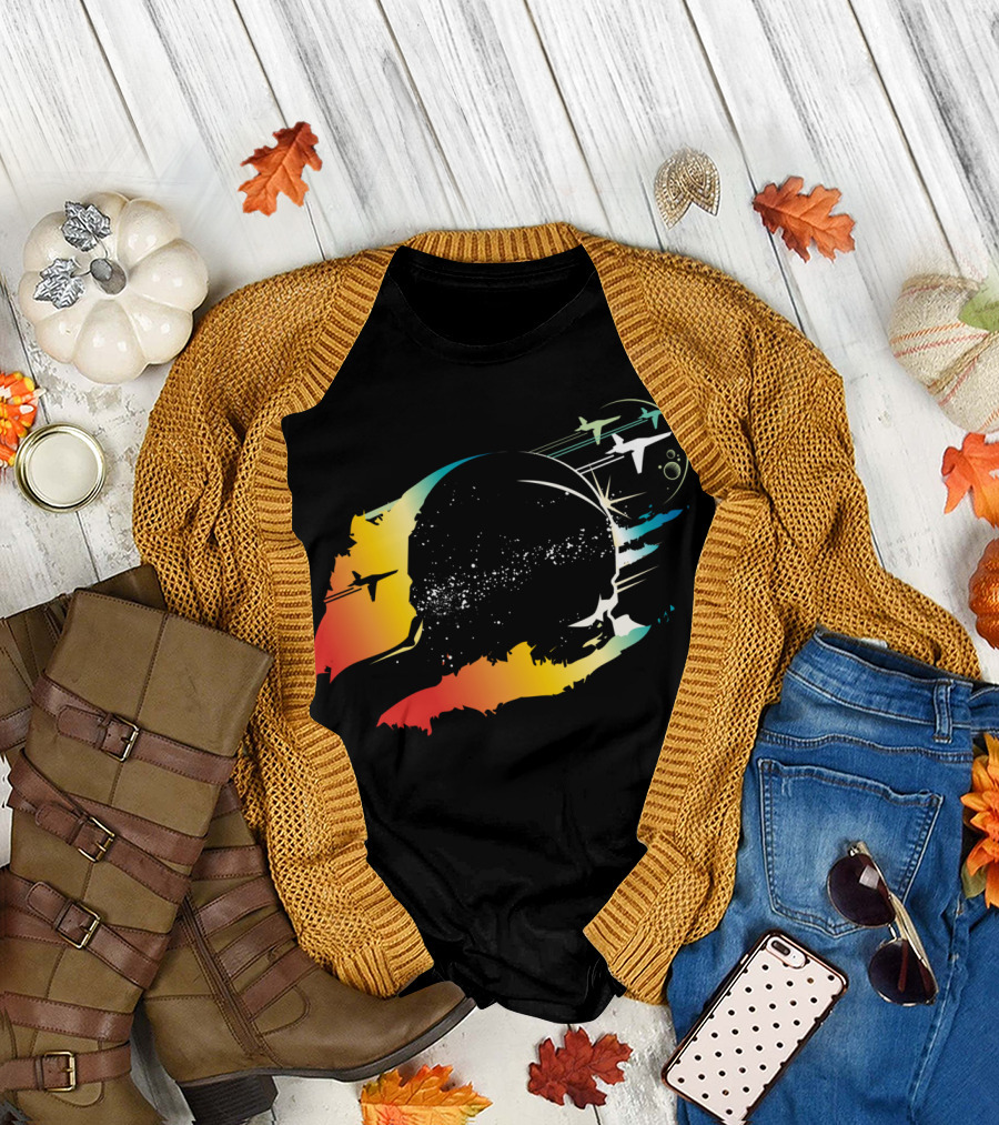 Colorful Astronaut Space Walk Shuttle Pilot Galaxy with Planes and Stars T-Shirt