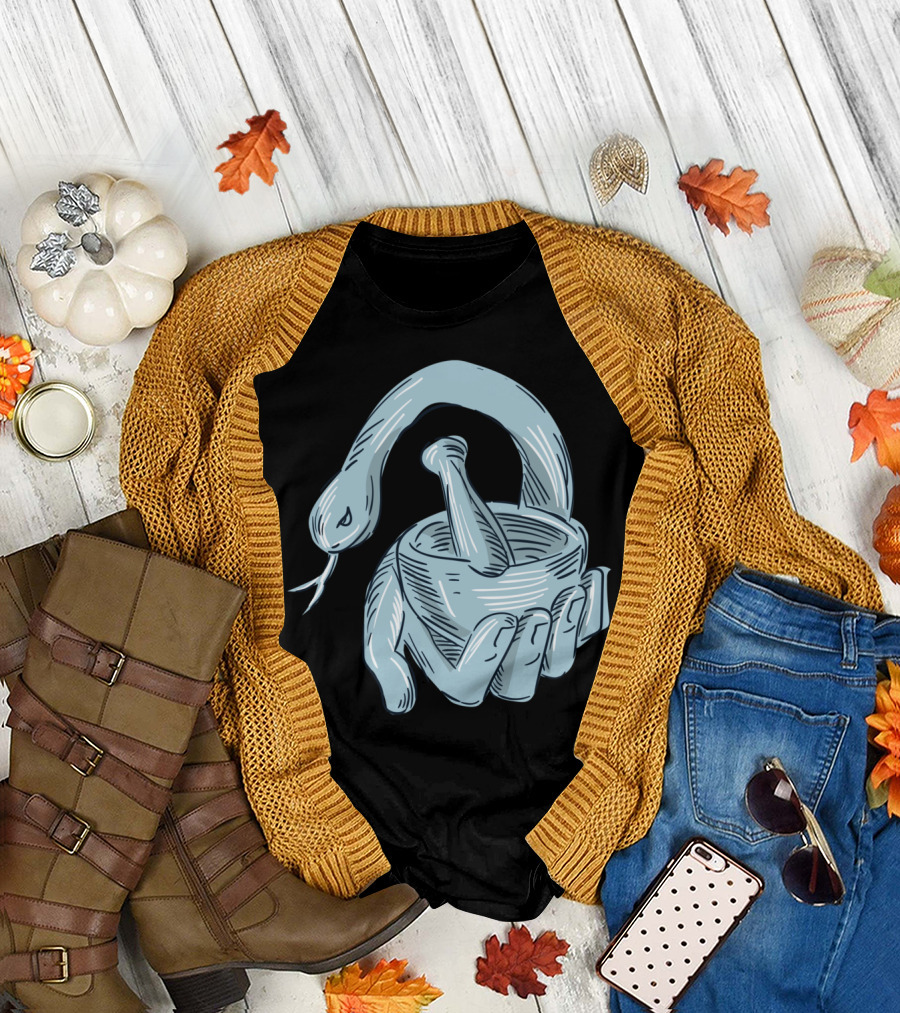 Hand Holding Mortar and Pestle Snake Drawing T-Shirt