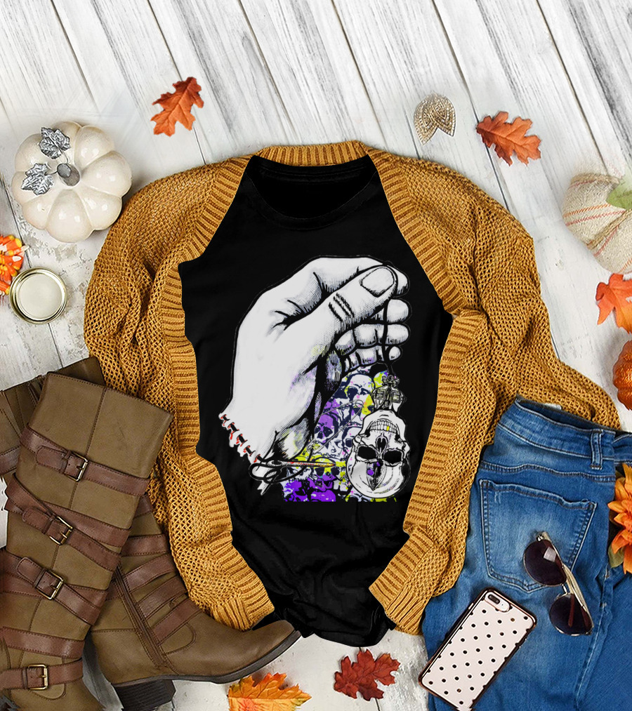 Hand Of Fate Skeletal Hand Holding Vibrant Skull Charm T-Shirt