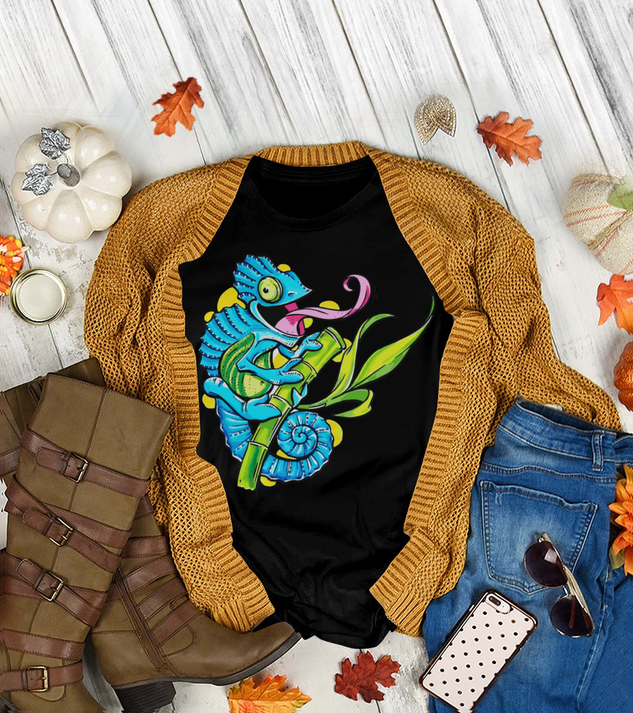 Colorful Climbing Chameleon Perched on Green Branch with Vibrant Colors T-Shirt