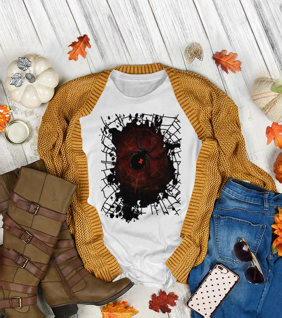 Black Widow Spider Web Design with Red Symbol Signature T-Shirt