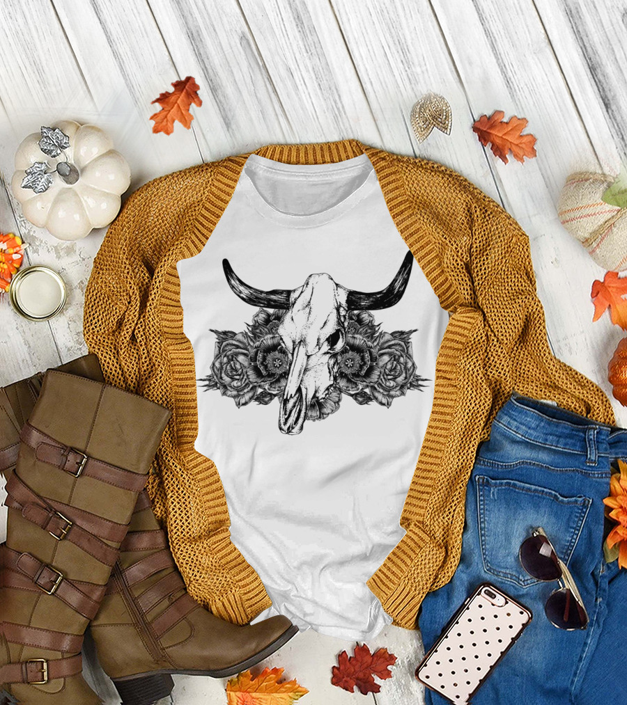 Cow Skull Surrounded by Floral Arrangement T-Shirt