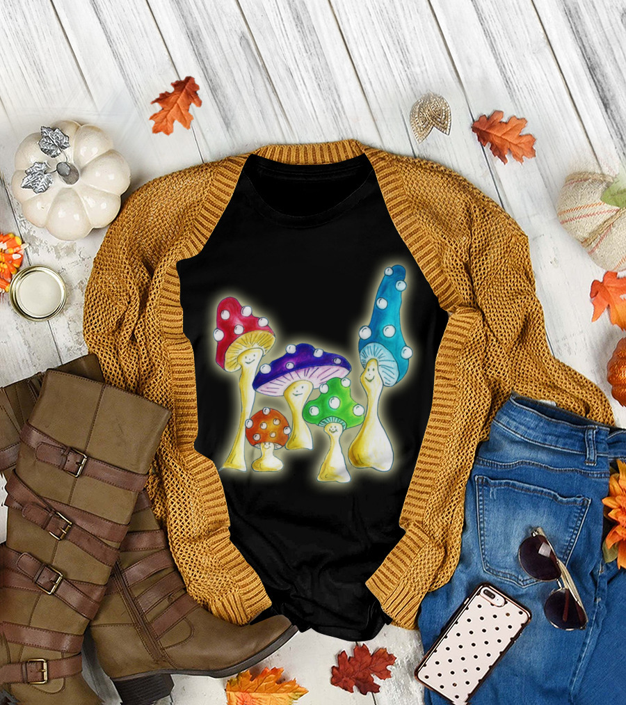 Mushrooms Smiling Colorful Cartoon Family T-Shirt