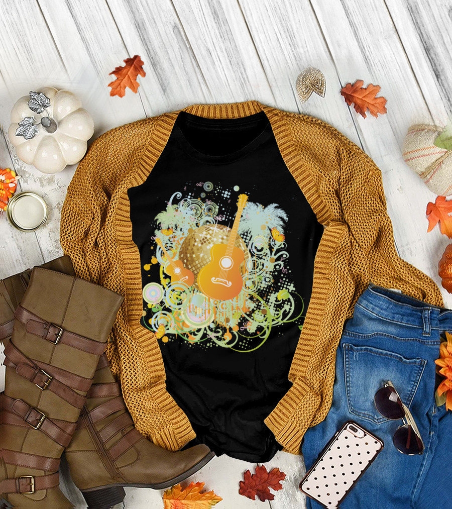 Disco Ball Guitars with Vibrant Swirls and Butterflies T-Shirt