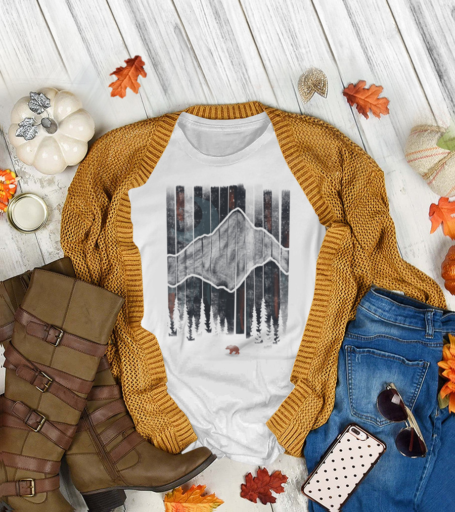 A Bear Wanders Under a Crescent Moon and Forested Mountain Night Sky T-Shirt