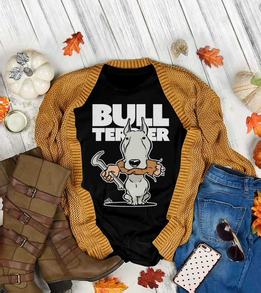 Bull Terrier Cartoon Guard Dog with Sausage and Tool T-Shirt