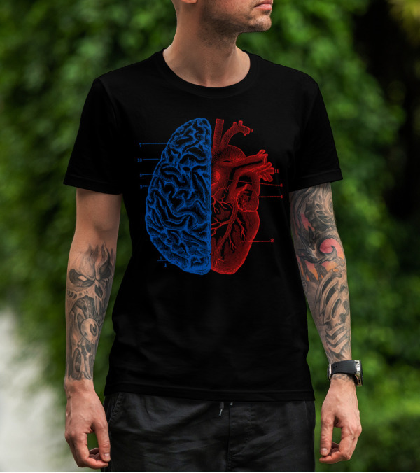 Heart And Brain Anatomical Blueprints In Red And Blue T-Shirt