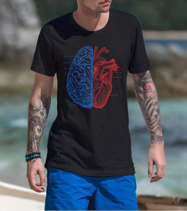 Heart And Brain Anatomical Blueprints In Red And Blue T-Shirt