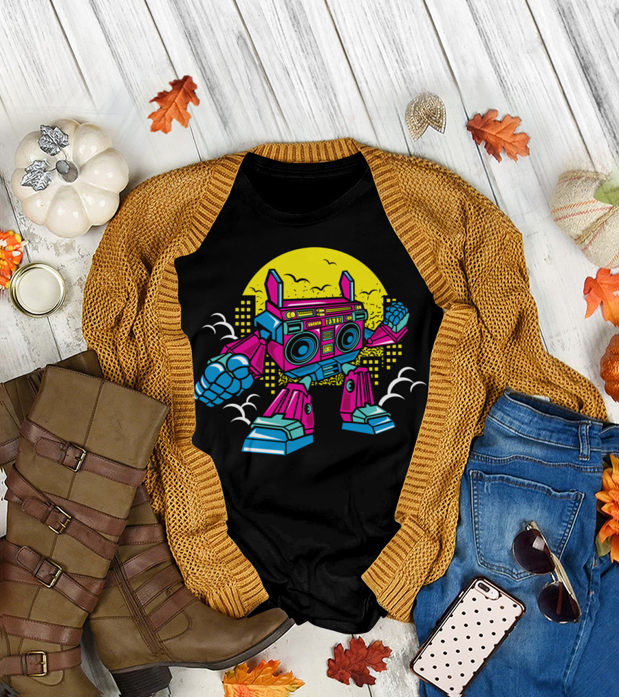 Comic Boombox Robot Retro City Battle Scene T-Shirt