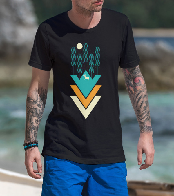 Deer In Geometric Forest With Moon And Abstract Arrows T-Shirt