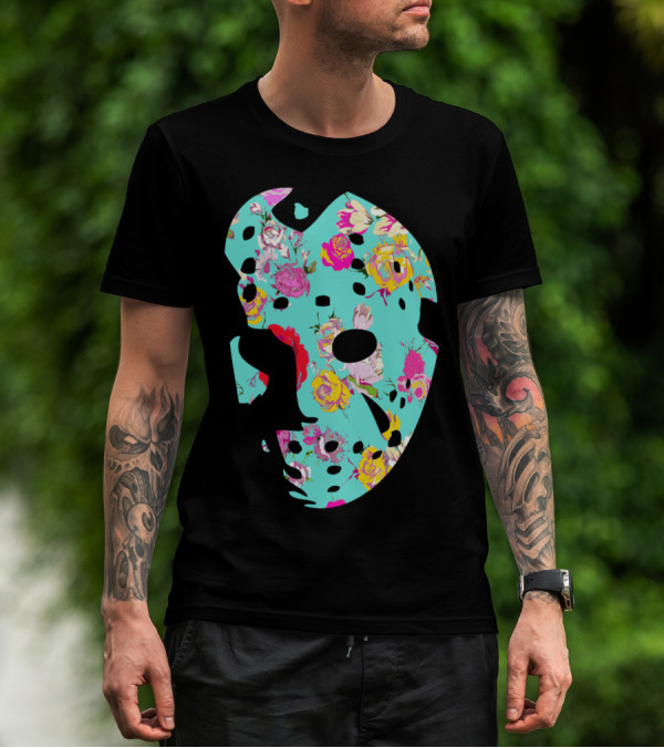 Floral Hockey Mask Turquoise Pink Roses T-Shirt