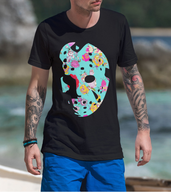 Floral Hockey Mask Turquoise Pink Roses T-Shirt