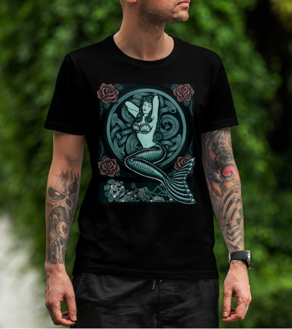 Blue Mermaid Roses Skeleton Art Deco T-Shirt