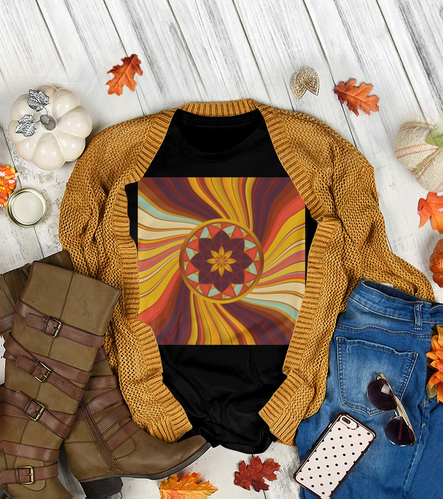 Floral Vortex Kaleidoscope Mandala Pattern in Warm Vibrant Waves T-Shirt